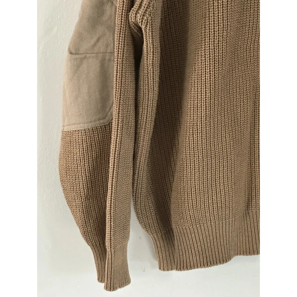 Vintage Orvis Ribbed Knit Sweater Men Size XL Khaki Military Shawl Elbow Patches